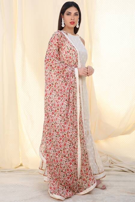 Nikasha_White Chiffon, Jamdani Halter Printed Kurta Sharara Set _Online_at_Aza_Fashions