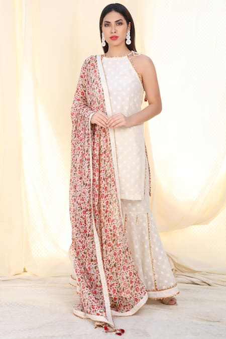 Shop_Nikasha_White Chiffon, Jamdani Halter Printed Kurta Sharara Set _Online_at_Aza_Fashions