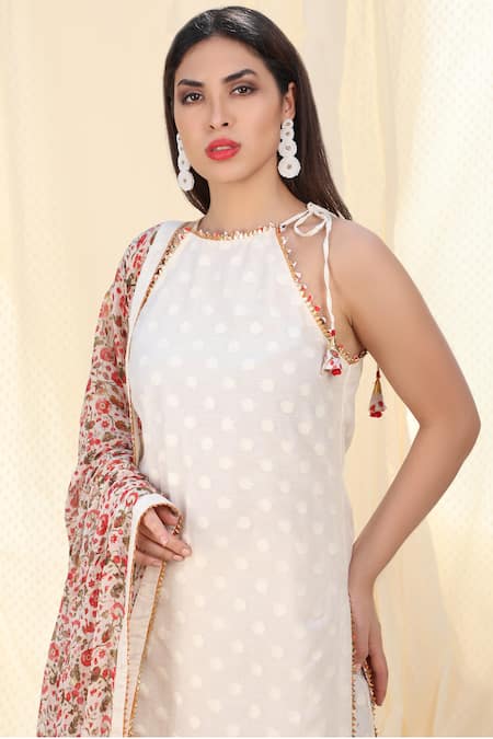 Nikasha_White Chiffon, Jamdani Halter Printed Kurta Sharara Set _at_Aza_Fashions