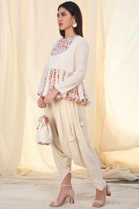 Nikasha_White Lurex, Cambric Round Printed Kurta Dhoti Pant Set _Online_at_Aza_Fashions