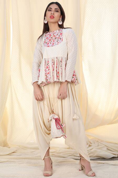 Buy_Nikasha_White Lurex, Cambric Round Printed Kurta Dhoti Pant Set _Online_at_Aza_Fashions