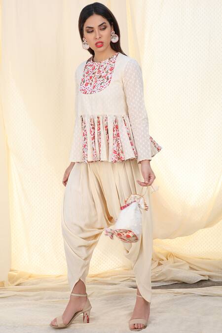 Shop_Nikasha_White Lurex, Cambric Round Printed Kurta Dhoti Pant Set _Online_at_Aza_Fashions