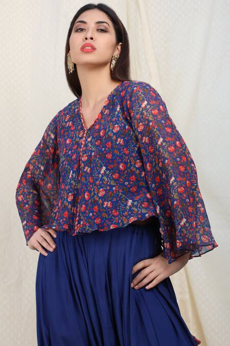 Shop_Nikasha_Blue Crepe, Chiffon V Neck Printed Top Dhoti Pant Set _Online_at_Aza_Fashions