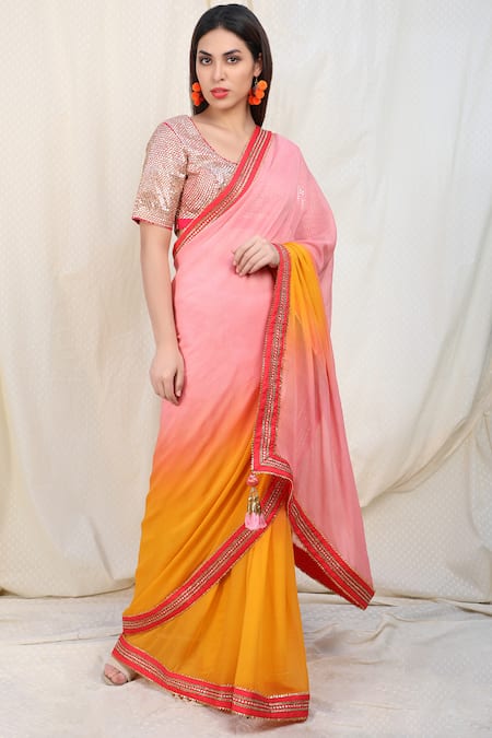 Buy_Nikasha_Multi Color Chiffon Round Embellished Saree With Blouse _Online_at_Aza_Fashions