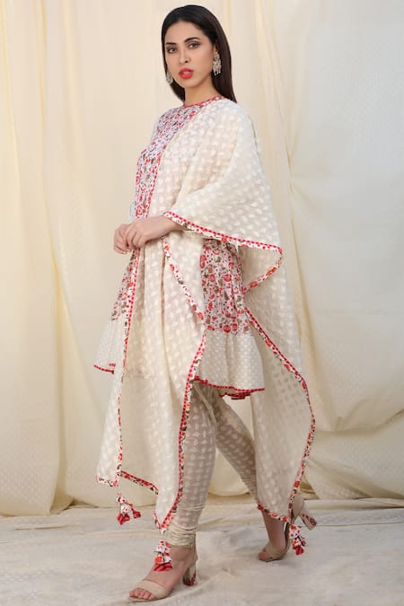 Buy_Nikasha_White Jamdani Round Printed Anarkali Set _Online_at_Aza_Fashions
