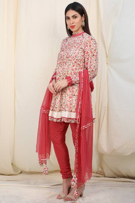 Nikasha_White Crepe, Georgette, Jamdani Round Printed Anarkali Set _Online_at_Aza_Fashions
