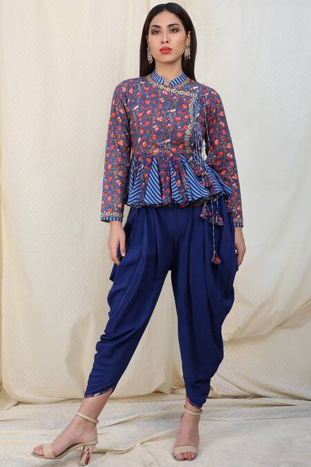 Nikasha_Blue Crepe, Poplin Band Printed Tunic Dhoti Pant Set _Online_at_Aza_Fashions