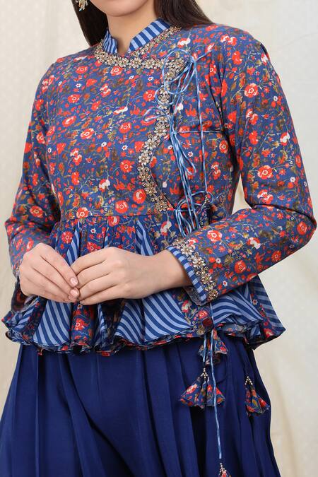 Buy_Nikasha_Blue Crepe, Poplin Band Printed Tunic Dhoti Pant Set _Online_at_Aza_Fashions