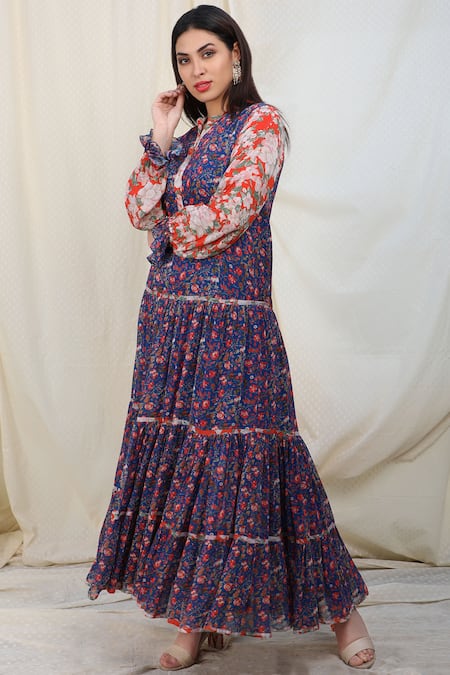 Nikasha_Blue Georgette Notched Printed Tiered Dress _Online_at_Aza_Fashions