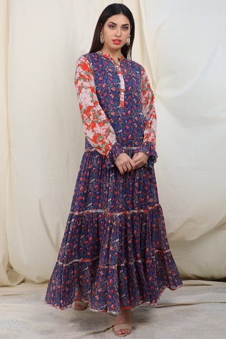 Buy_Nikasha_Blue Georgette Notched Printed Tiered Dress _Online_at_Aza_Fashions