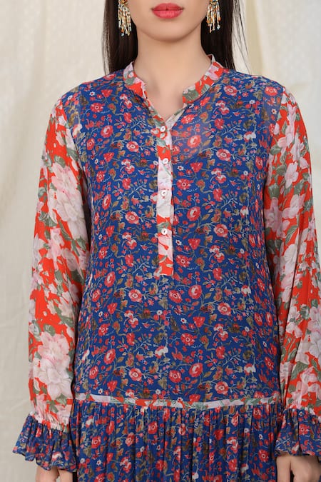 Shop_Nikasha_Blue Georgette Notched Printed Tiered Dress _Online_at_Aza_Fashions