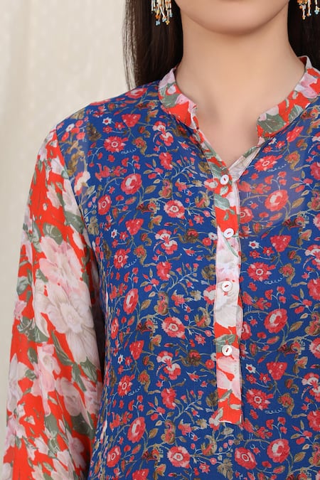 Nikasha_Blue Georgette Notched Printed Tiered Dress _at_Aza_Fashions