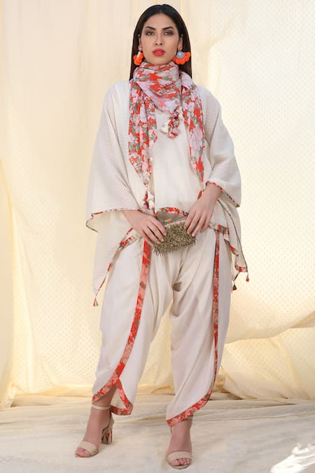 Nikasha White Jamdani V Neck Printed Tunic Dhoti Pant Set 
