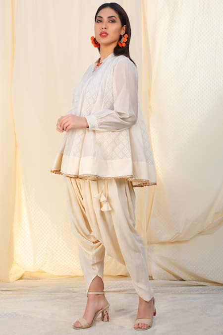 Shop Nikasha White Jamdani V Neck Printed Tunic Dhoti Pant Set Online at Aza Fashions Shop_Nikasha_White Jamdani V Neck Printed Tunic Dhoti Pant Set _Online_at_Aza_Fashions