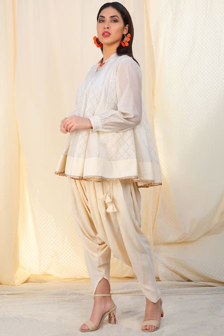Nikasha_White Jamdani Band Printed Kurta Dhoti Pant Set _Online_at_Aza_Fashions
