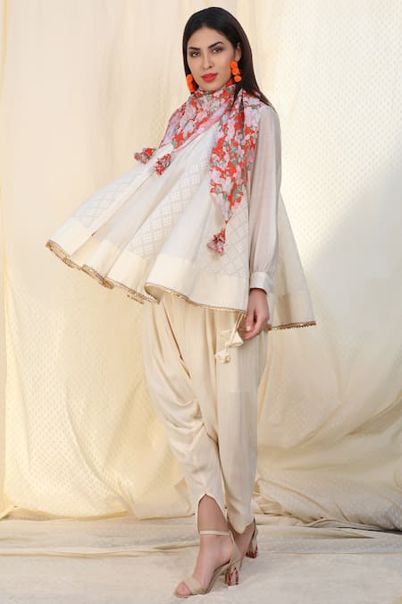 Buy_Nikasha_White Jamdani Band Printed Kurta Dhoti Pant Set _Online_at_Aza_Fashions