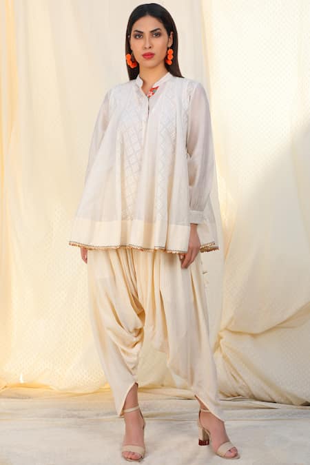 Shop_Nikasha_White Jamdani Band Printed Kurta Dhoti Pant Set _Online_at_Aza_Fashions