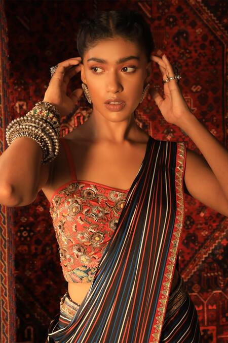 Qbik_Black Saree- Silk Satin Blouse- Textured Crepe Striped Pre-stitched With_Online_at_Aza_Fashions