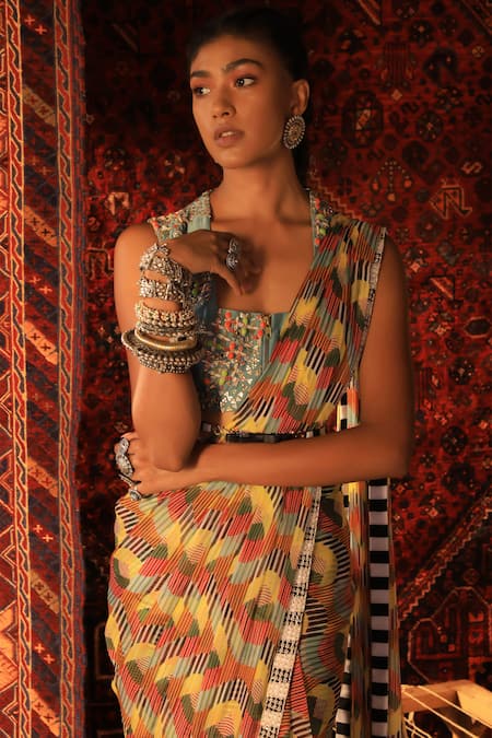Qbik_Multi Color Saree- Silk Chiffon Square Neck Printed Pre-stitched With Blouse_Online_at_Aza_Fashions