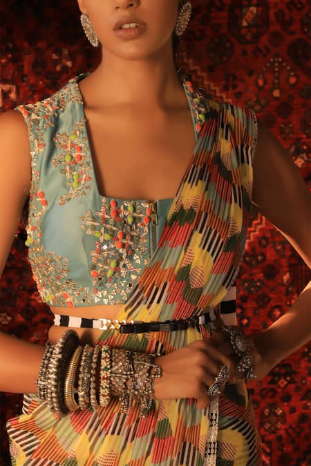 Shop_Qbik_Multi Color Saree- Silk Chiffon Square Neck Printed Pre-stitched With Blouse_Online_at_Aza_Fashions