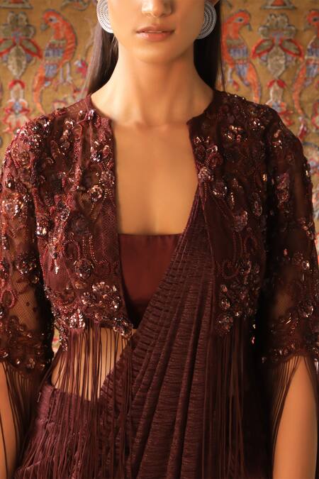 Buy_Qbik_Maroon Blouse Embellished Pant Saree_Online_at_Aza_Fashions