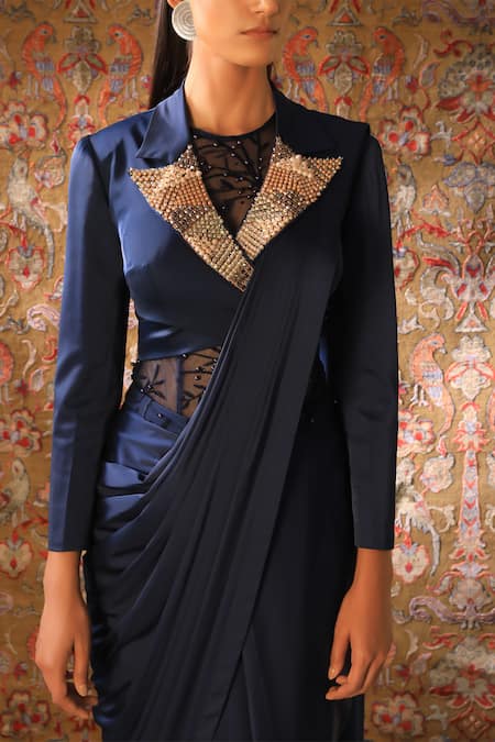 Buy_Qbik_Blue Bodysuit Pants- Net Lycra Jersey Jacket And Saree Drape- Embellished_Online_at_Aza_Fashions