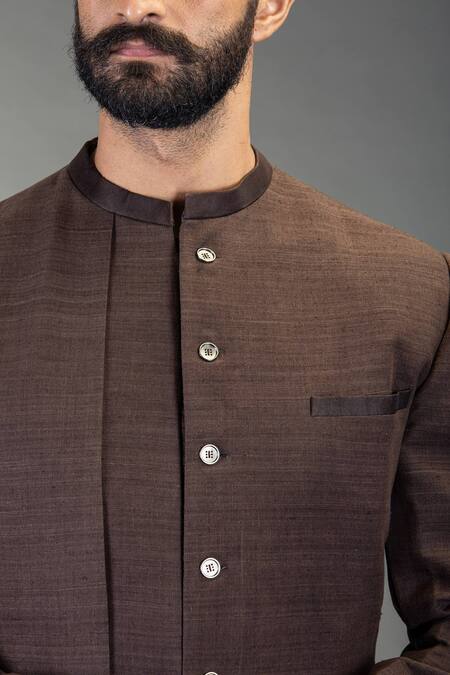 Gram Of Ink_Brown Matka Silk Flap Bandhgala_Online_at_Aza_Fashions