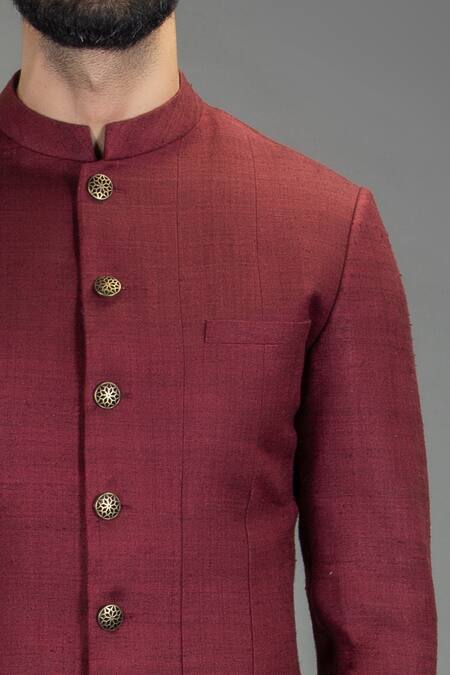 Gram Of Ink_Maroon Matka Silk Asymmetric Bandhgala_Online_at_Aza_Fashions