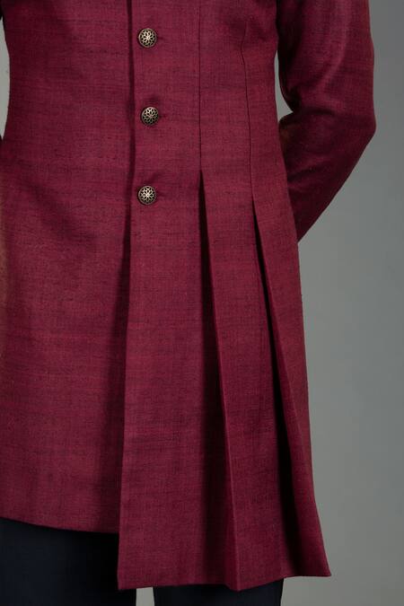 Buy_Gram Of Ink_Maroon Matka Silk Asymmetric Bandhgala_Online_at_Aza_Fashions