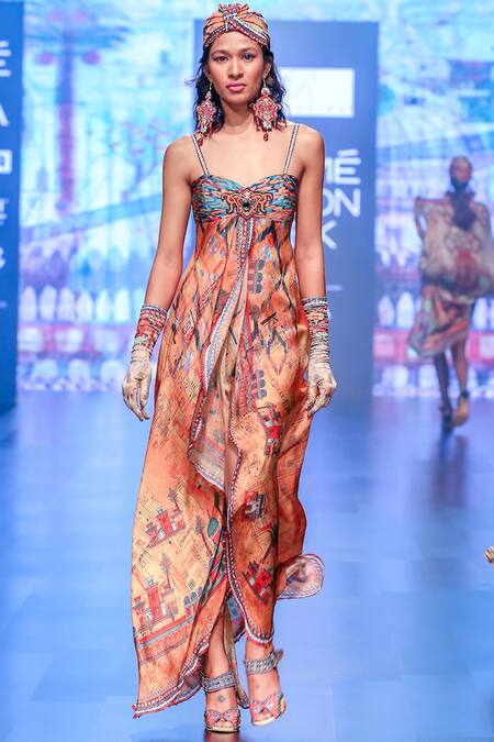 Rajdeep Ranawat_Beige Sweetheart Neck Printed Maxi Dress_Online_at_Aza_Fashions