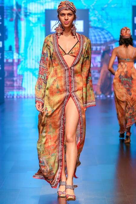 Rajdeep Ranawat_Orange V Neck Printed Long Jacket_Online_at_Aza_Fashions