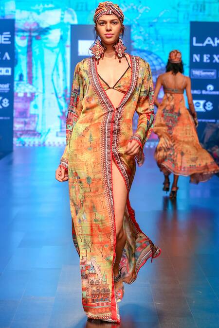 Buy_Rajdeep Ranawat_Orange V Neck Printed Long Jacket_Online_at_Aza_Fashions