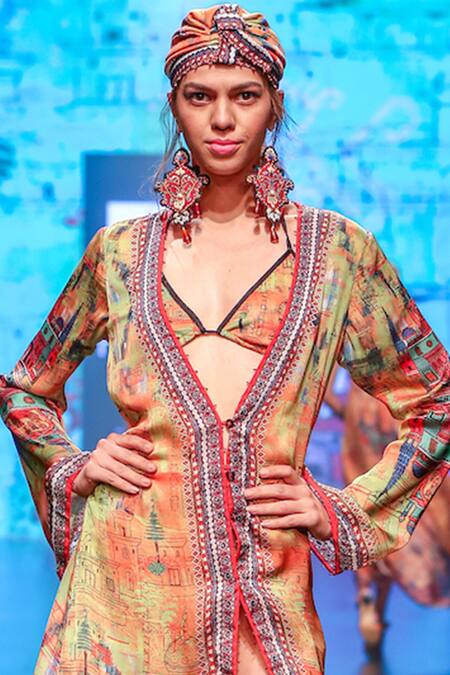 Shop_Rajdeep Ranawat_Orange V Neck Printed Long Jacket_Online_at_Aza_Fashions