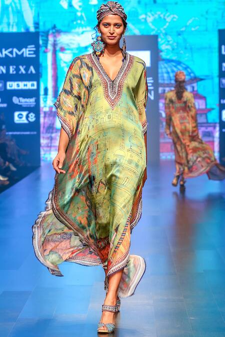 Rajdeep Ranawat_Green V Neck Printed Kaftan_Online_at_Aza_Fashions