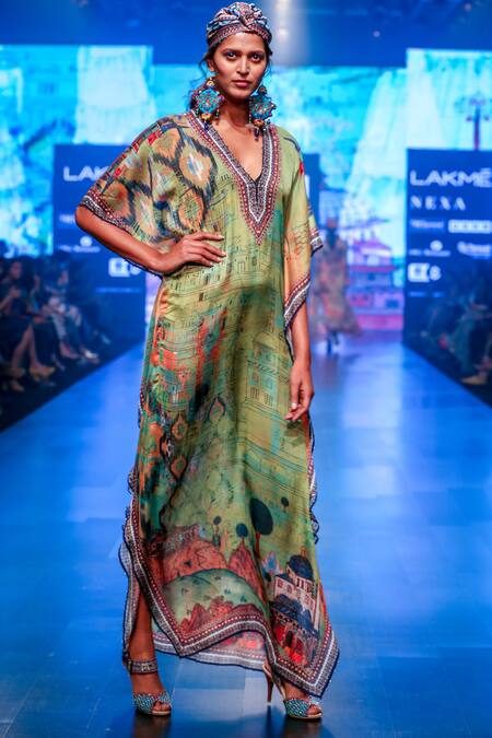 Buy_Rajdeep Ranawat_Green V Neck Printed Kaftan_Online_at_Aza_Fashions