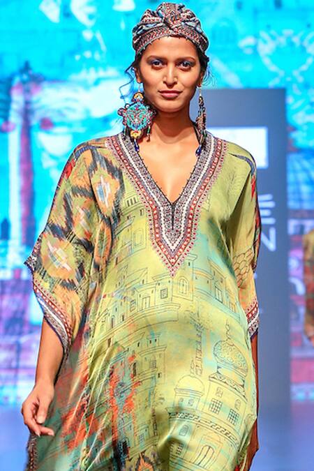 Shop_Rajdeep Ranawat_Green V Neck Printed Kaftan_Online_at_Aza_Fashions