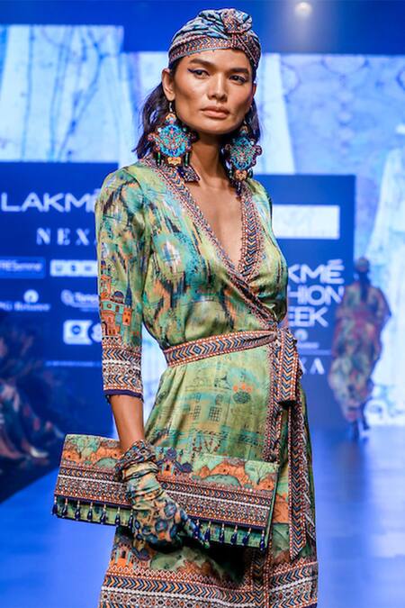 Rajdeep Ranawat_Green V Neck Printed Wrap Dress_Online_at_Aza_Fashions