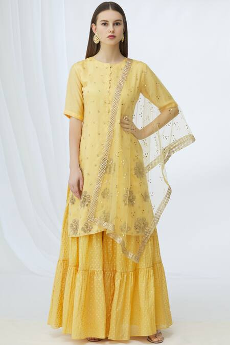 Vara By Vibha N Priti_Yellow Banarasi Chanderi Embellished Kurta Sharara Set_Online_at_Aza_Fashions