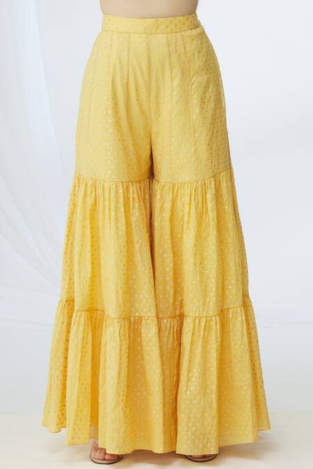 Shop_Vara By Vibha N Priti_Yellow Banarasi Chanderi Embellished Kurta Sharara Set_Online_at_Aza_Fashions