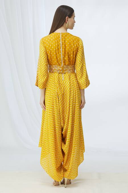 Shop Vara By Vibha N Priti Yellow Silk Muslin Printed Jumpsuit With Belt at Aza Fashions Shop_Vara By Vibha N Priti_Yellow Silk Muslin Printed Jumpsuit With Belt_at_Aza_Fashions