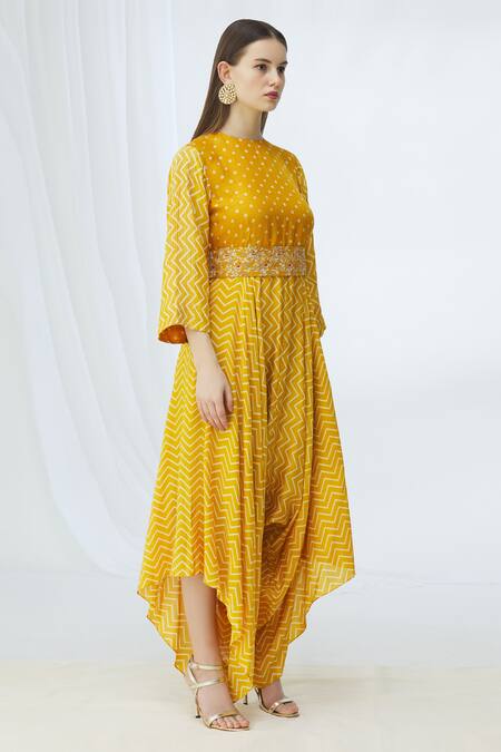 Vara By Vibha N Priti Yellow Silk Muslin Printed Jumpsuit With Belt Online at Aza Fashions Vara By Vibha N Priti_Yellow Silk Muslin Printed Jumpsuit With Belt_Online_at_Aza_Fashions