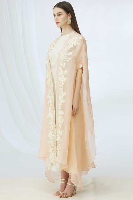 Vara By Vibha N Priti_White Munga Silk Embellished Jumpsuit With Cape_Online_at_Aza_Fashions