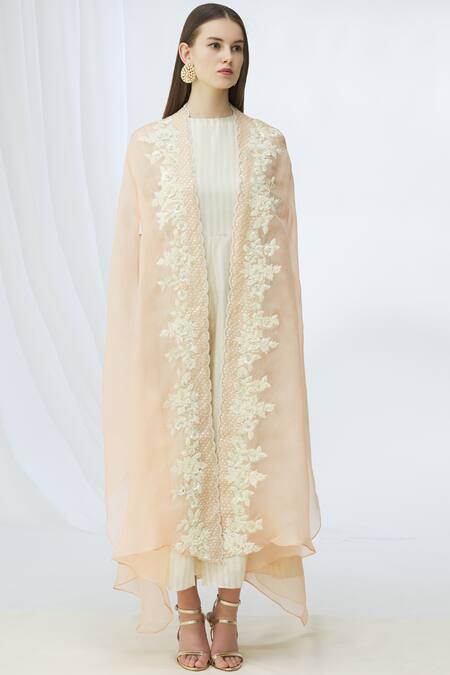 Buy_Vara By Vibha N Priti_White Munga Silk Embellished Jumpsuit With Cape_Online_at_Aza_Fashions