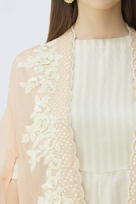 Vara By Vibha N Priti_White Munga Silk Embellished Jumpsuit With Cape_at_Aza_Fashions