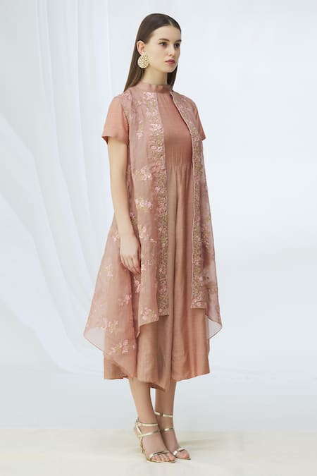 Vara By Vibha N Priti_Pink Munga Silk Embellished Jumpsuit With Jacket_Online_at_Aza_Fashions