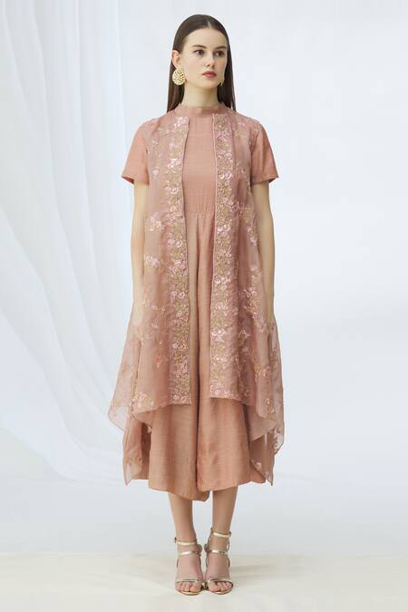 Buy_Vara By Vibha N Priti_Pink Munga Silk Embellished Jumpsuit With Jacket_Online_at_Aza_Fashions