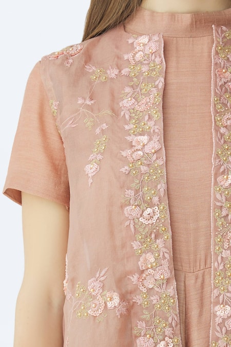 Vara By Vibha N Priti_Pink Munga Silk Embellished Jumpsuit With Jacket_at_Aza_Fashions