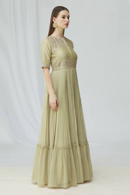 Vara By Vibha N Priti_Green Chiffon Embellished Gown_Online_at_Aza_Fashions