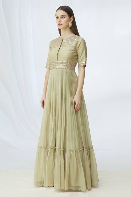 Buy_Vara By Vibha N Priti_Green Chiffon Embellished Gown_Online_at_Aza_Fashions
