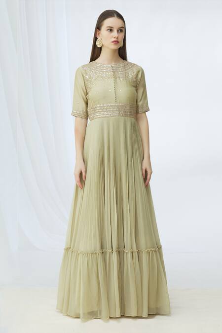 Shop_Vara By Vibha N Priti_Green Chiffon Embellished Gown_Online_at_Aza_Fashions